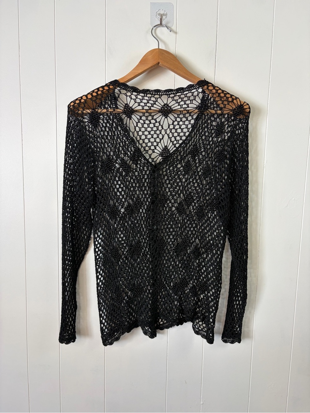 Vintage Y2K Whimsigoth Beaded Crochet Mesh Cardigan Sheer Cover Up Small boho - Picture 9 of 11